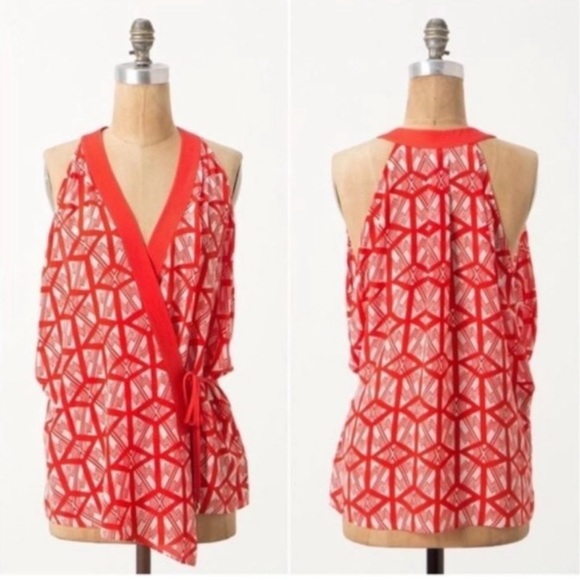 Anthro LEIFSDOTTIR Catalyst Wrap Top Blouse Shirt Silk Red Orange White Geo - Picture 12 of 12